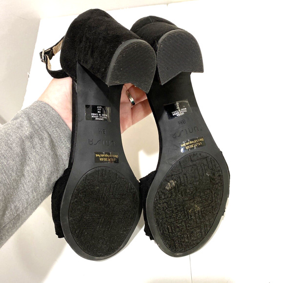 Unisa "Dian" dressy black faux suede high heel shoes ankle straps open toes 8M - Picture 8 of 10
